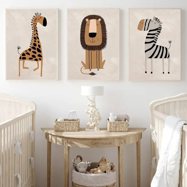 Décoration murale safari pour chambre enfant avec affiches animaux imprimées sur toile coton