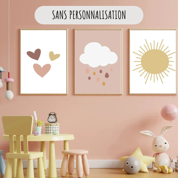 Set de trois affiches murales avec soleil, nuage et cœurs pour une décoration murale minimaliste et douce.