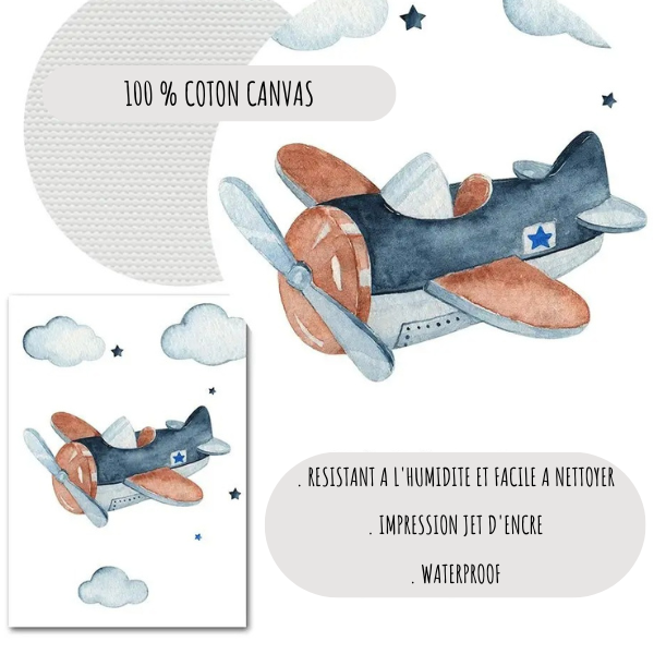 Zoom sur la texture de la toile coton avec une affiche avion en aquarelle, impression résistante et facile à nettoyer.
