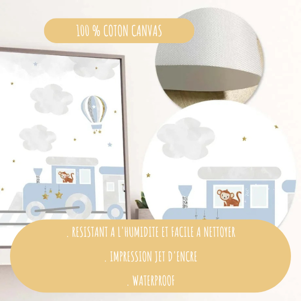 Zoom sur l’affiche train bleu en coton canvas, impression jet d’encre waterproof, résistante à l’humidité et facile à nettoyer.