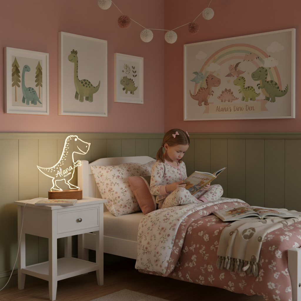 Enfant lisant dans sa chambre à côté d’une lampe veilleuse dinosaure.
