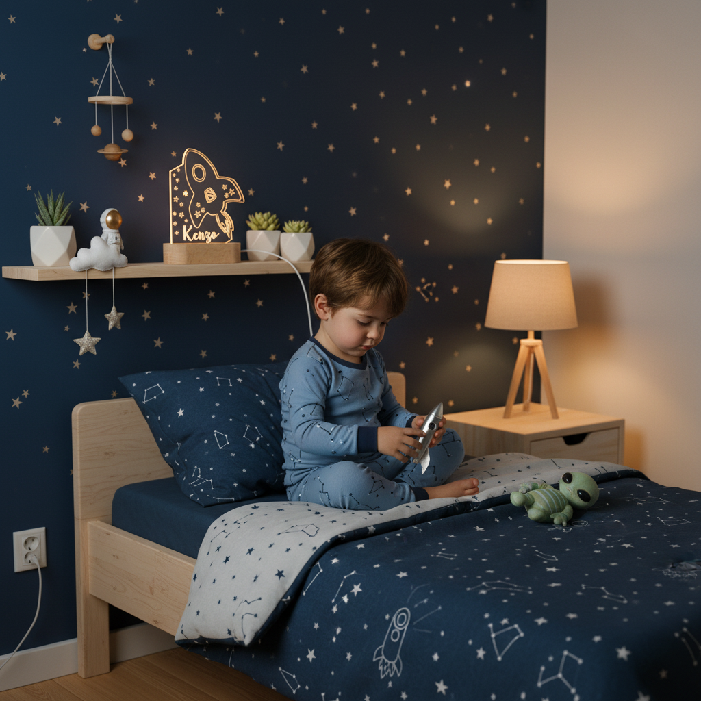 Enfant jouant dans une chambre étoilée avec veilleuse fusée allumée
