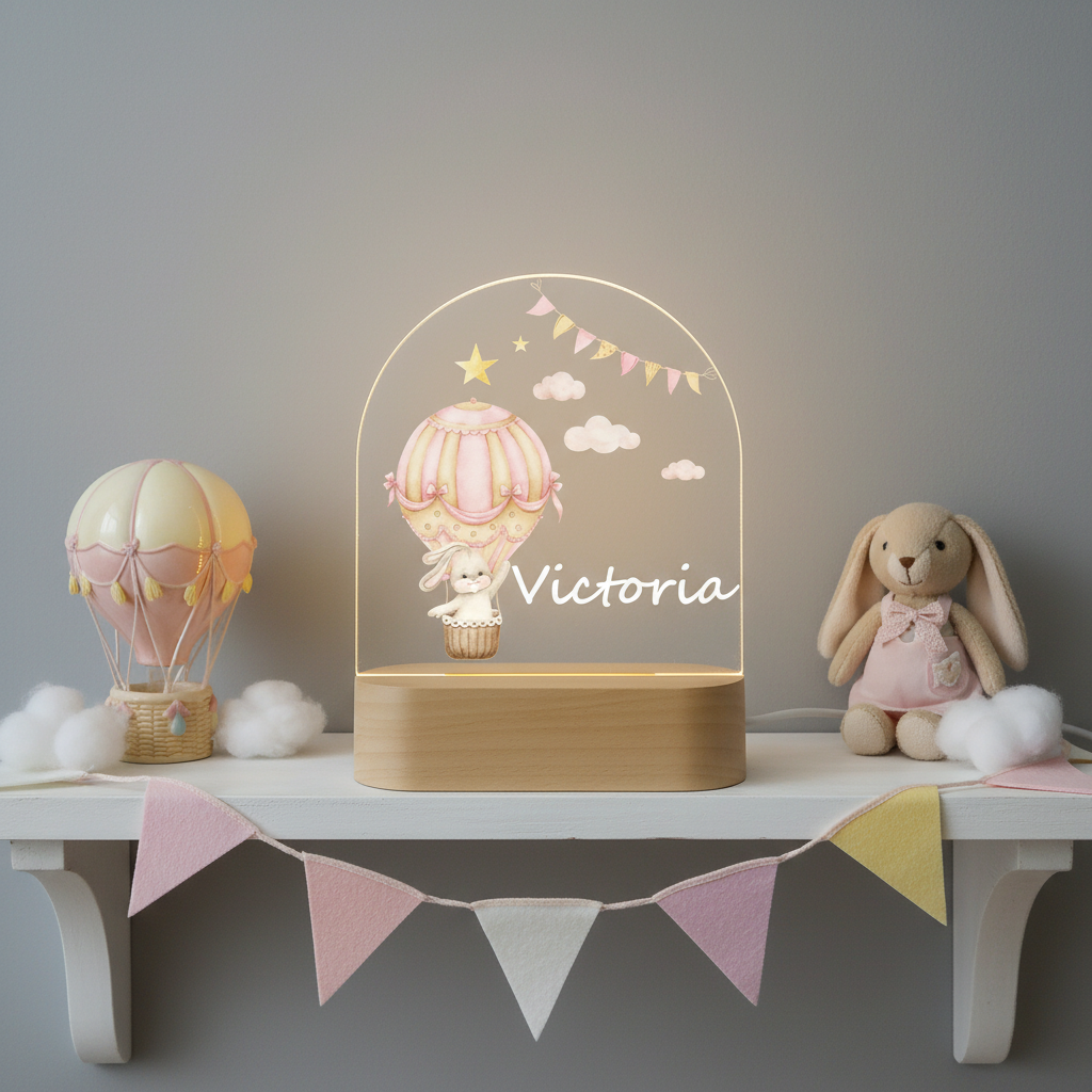 Lampe LED personnalisée avec montgolfière décorative sur étagère de chambre enfant