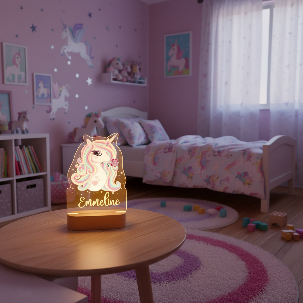 lampe veilleuse licorne personnalisable avec éclairage LED douce posée sur une table de chevet dans une chambre enfant