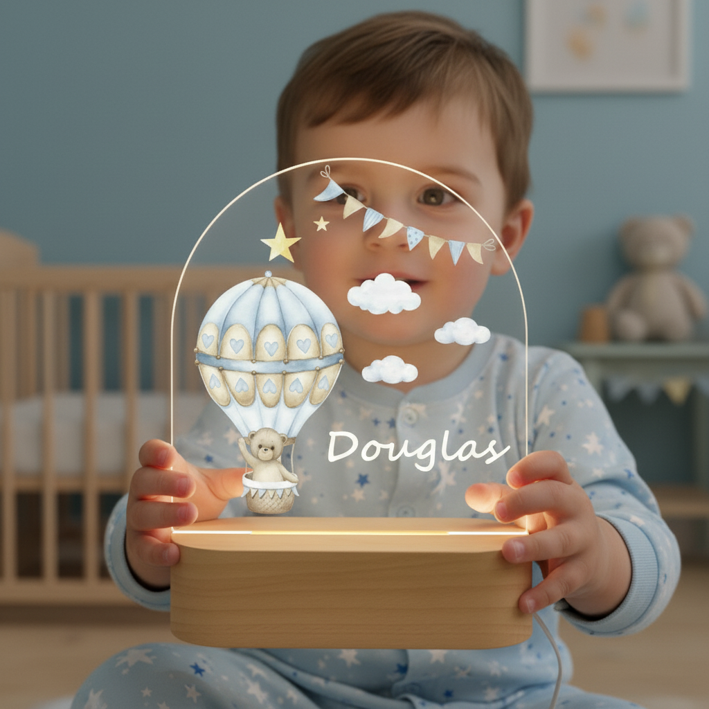 Veilleuse montgolfière avec ours dans une chambre bébé à la décoration douce