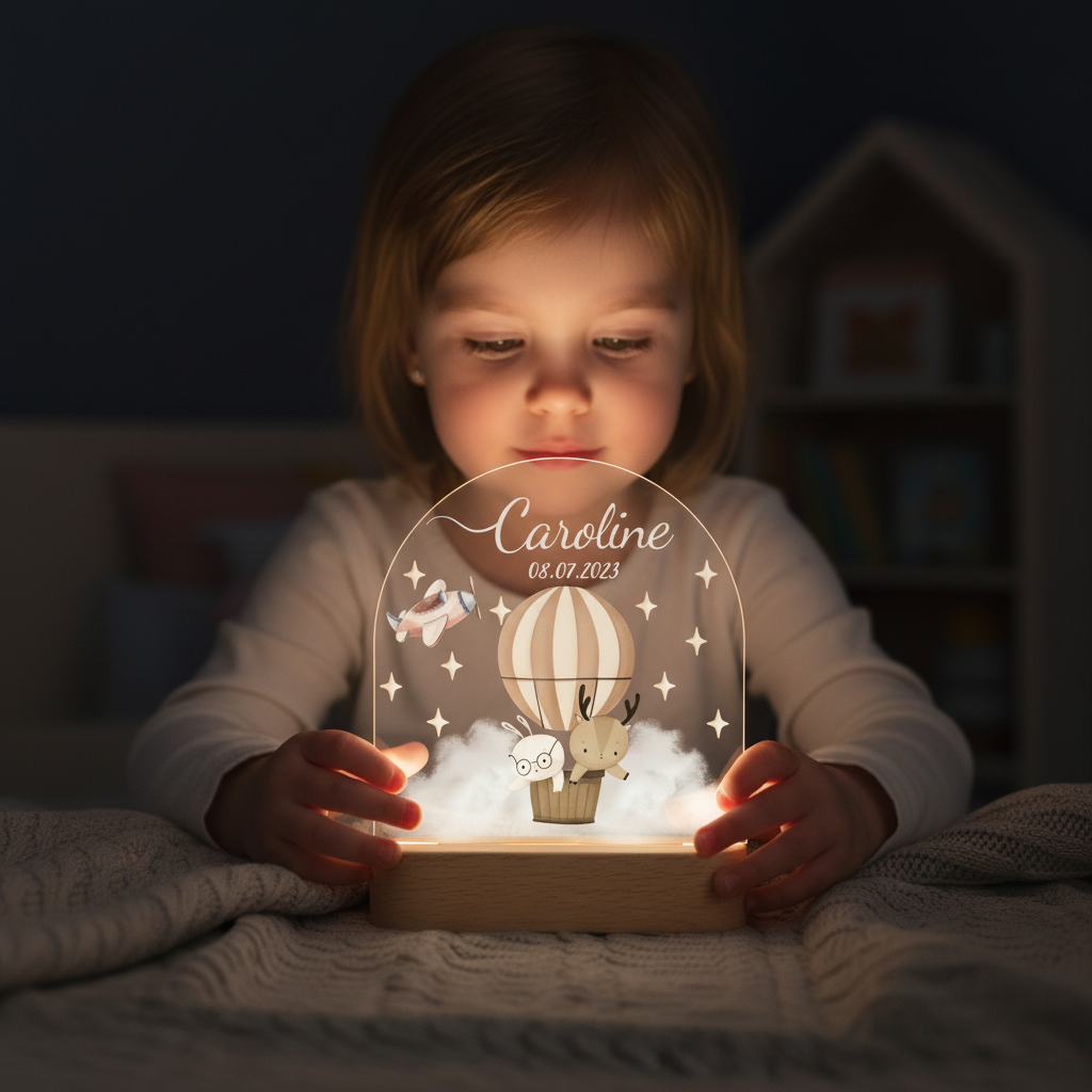 Enfant tenant une lampe montgolfière personnalisable avec prénom.