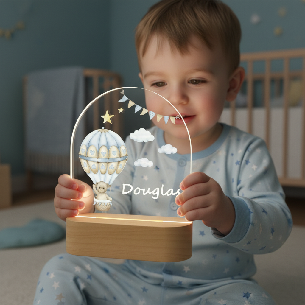 Lampe personnalisée montgolfière avec ours, tenue par un bébé dans une chambre enfant