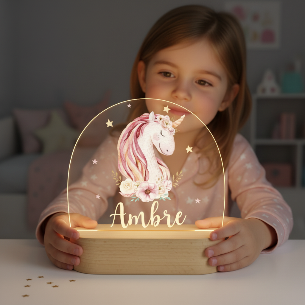 Lampe de nuit licorne décorative avec lumière douce et socle en bois