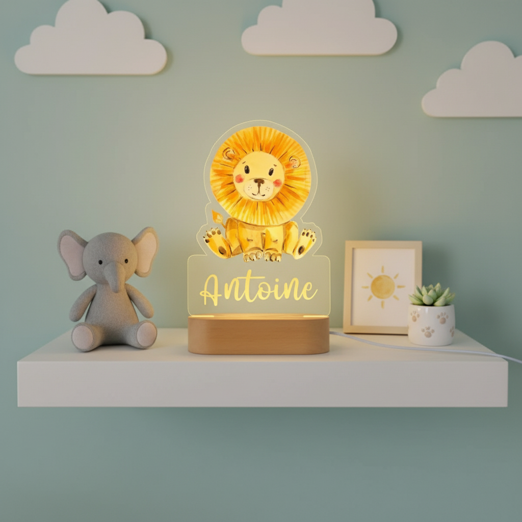 Lampe de nuit lion pour bébé avec socle en bois