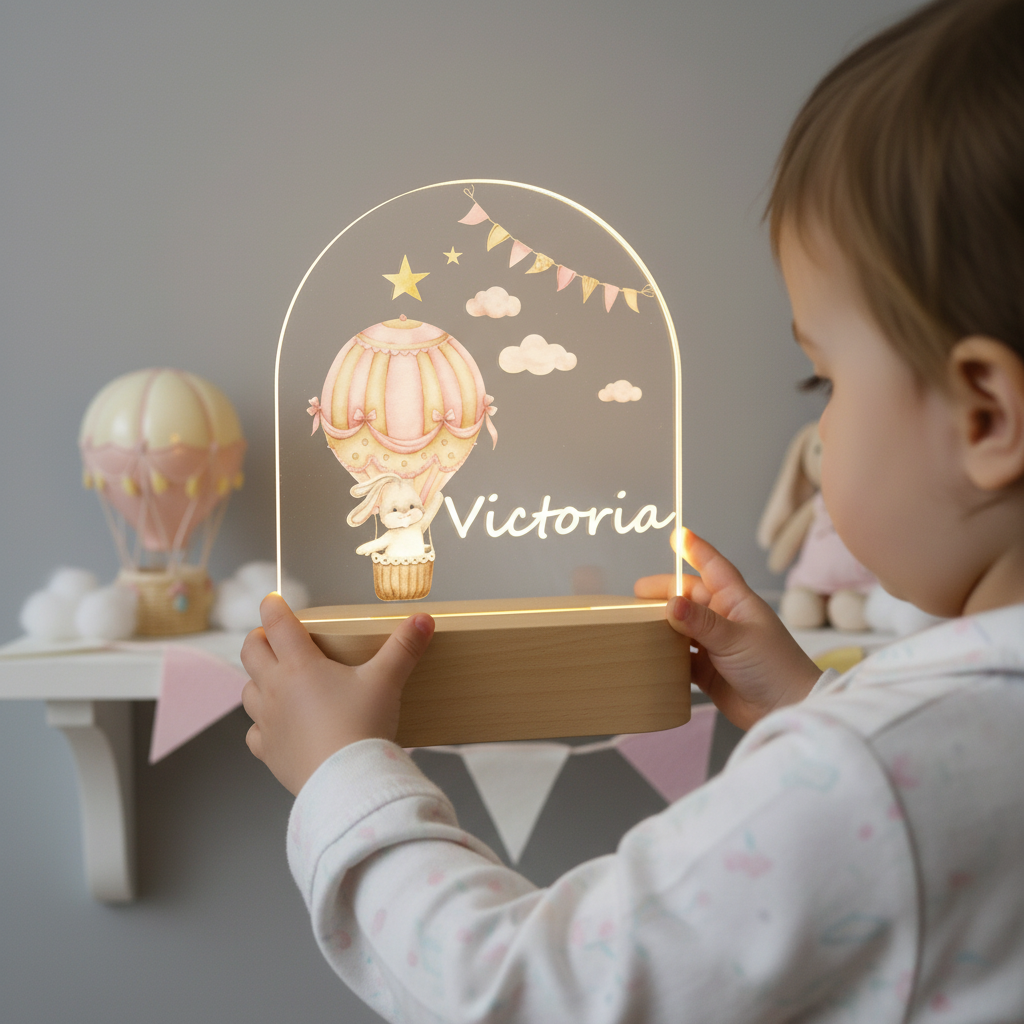Enfant tenant une veilleuse personnalisée avec montgolfière.