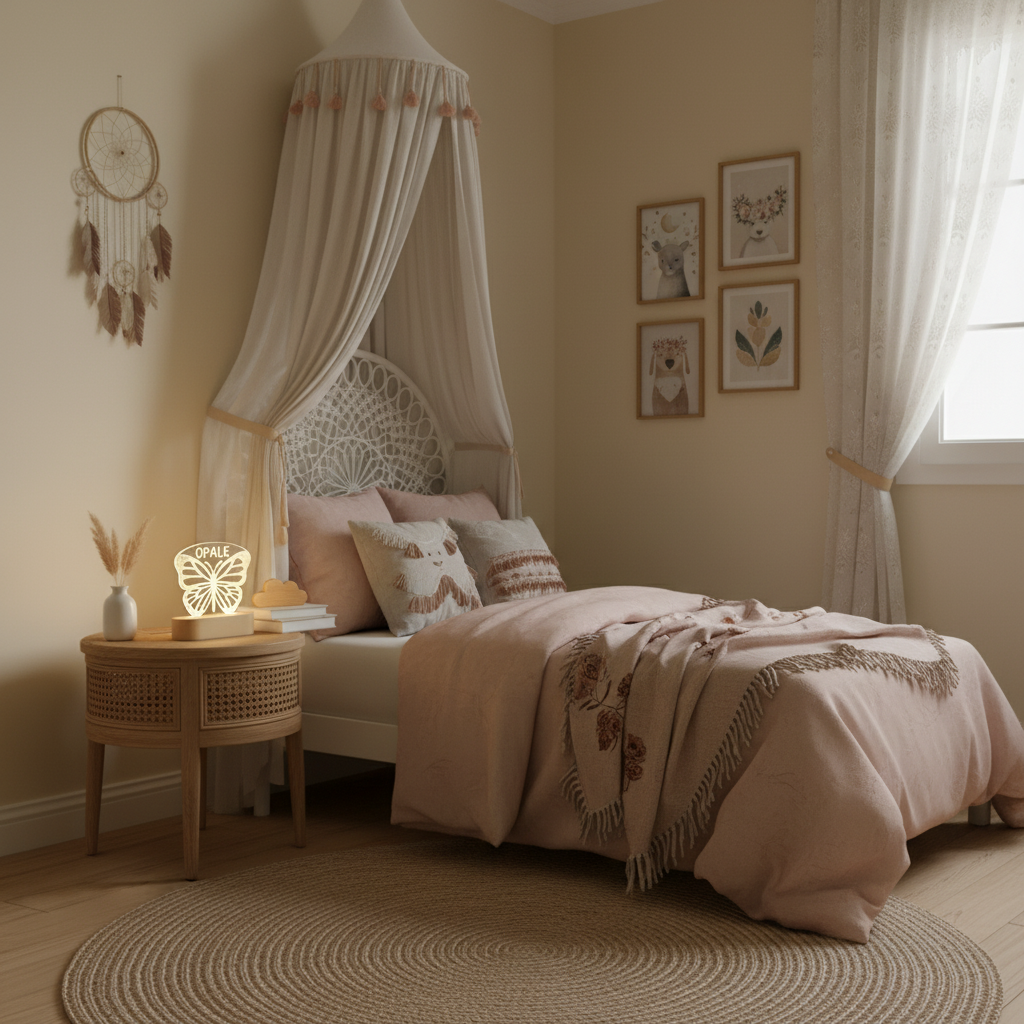 Lampe papillon veilleuse personnalisable dans une chambre décorée