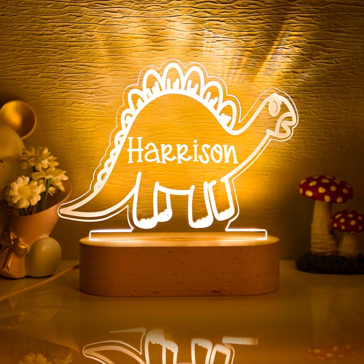 Lampe personnalisée bébé avec prénom - Veilleuse dinosaure LED en bois pour chambre d'enfant. Idéale comme cadeau de naissance, baptême ou anniversaire.