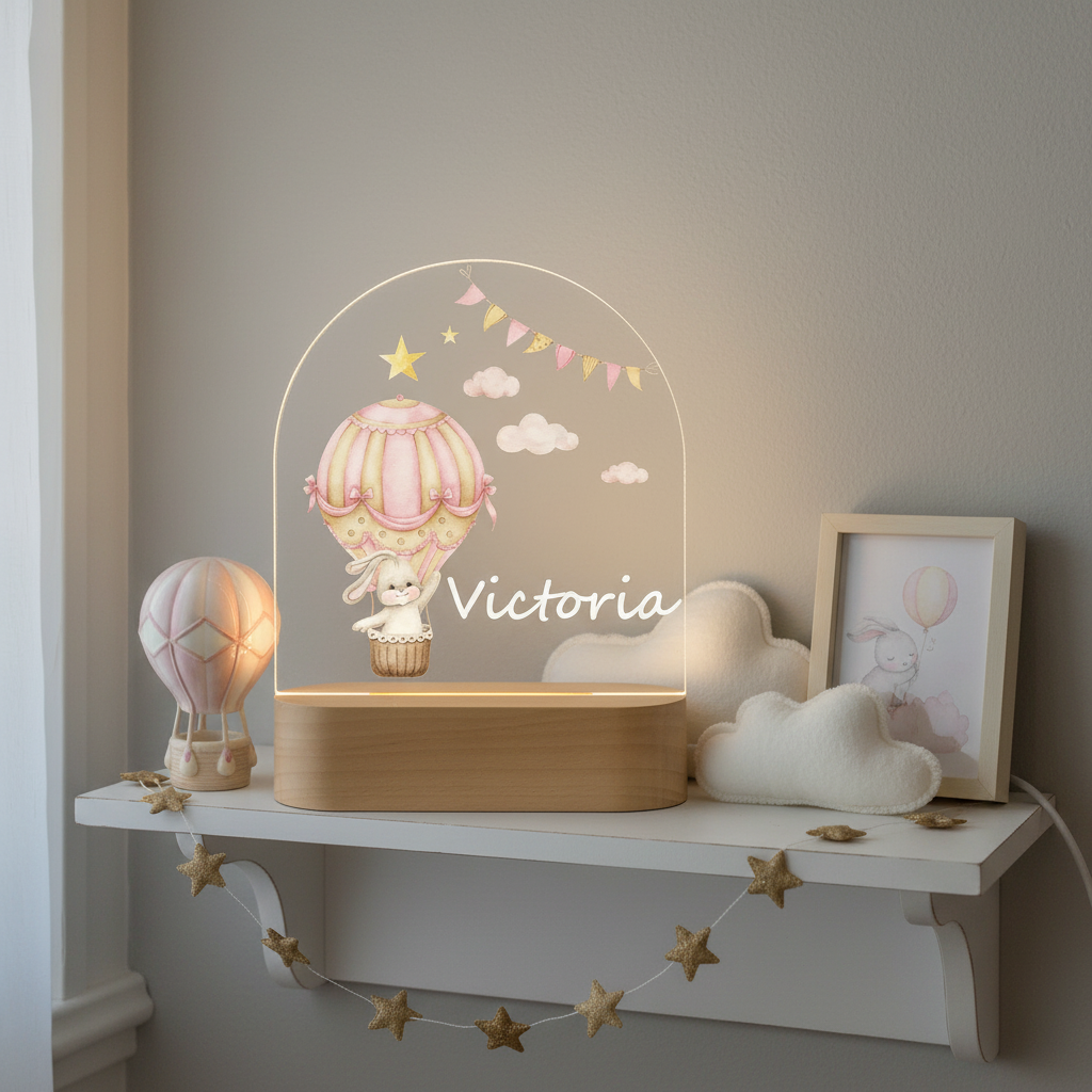 Lampe prénom Victoria avec montgolfière rose, idée cadeau de naissance pour bébé fille