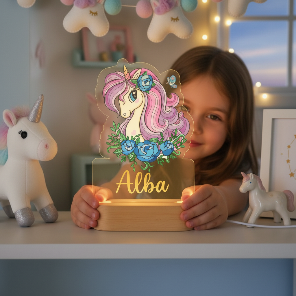 Lampe veilleuse licorne LED personnalisée tenue par un enfant dans une chambre cosy