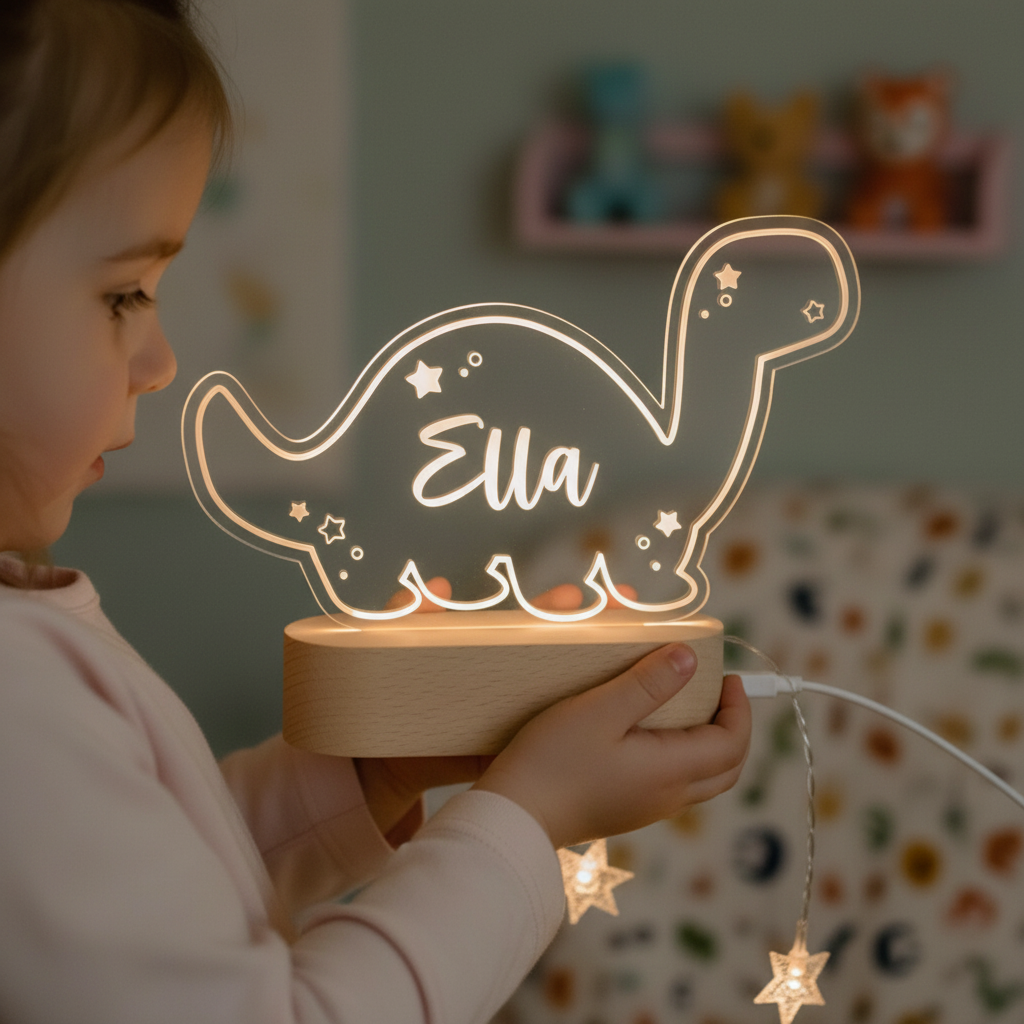 Petite fille tenant une lampe dinosaure allumée dans sa chambre