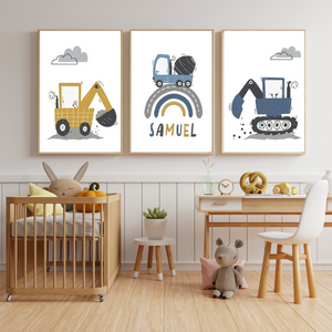 Lot de 3 affiches sur le thème du chantier avec un prénom personnalisé, idéal pour une décoration murale de chambre d'enfant.