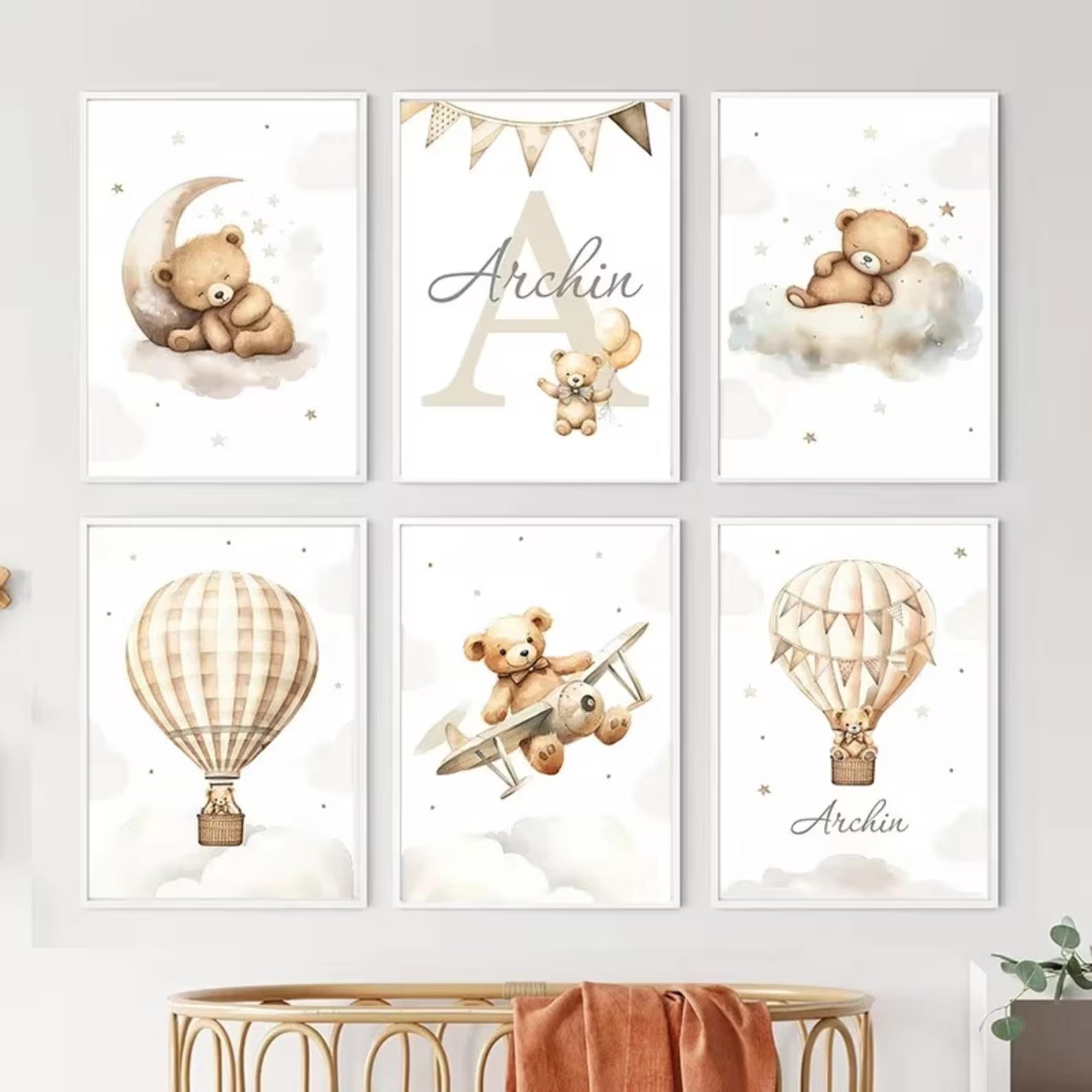 Ensemble affiches montgolfière ourson pour chambre bébé, décoration murale personnalisée, cadeau naissance original
