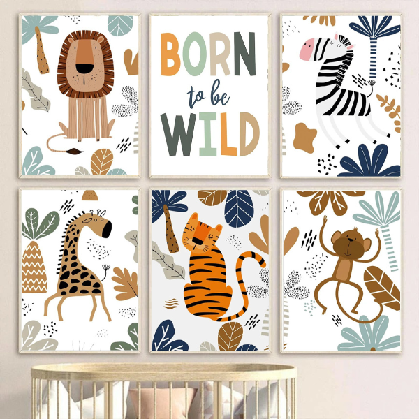 Set d'affiches jungle pour chambre enfant avec animaux de la savane. Idéal pour une déco murale douce et tendance. Impression sur toile premium.