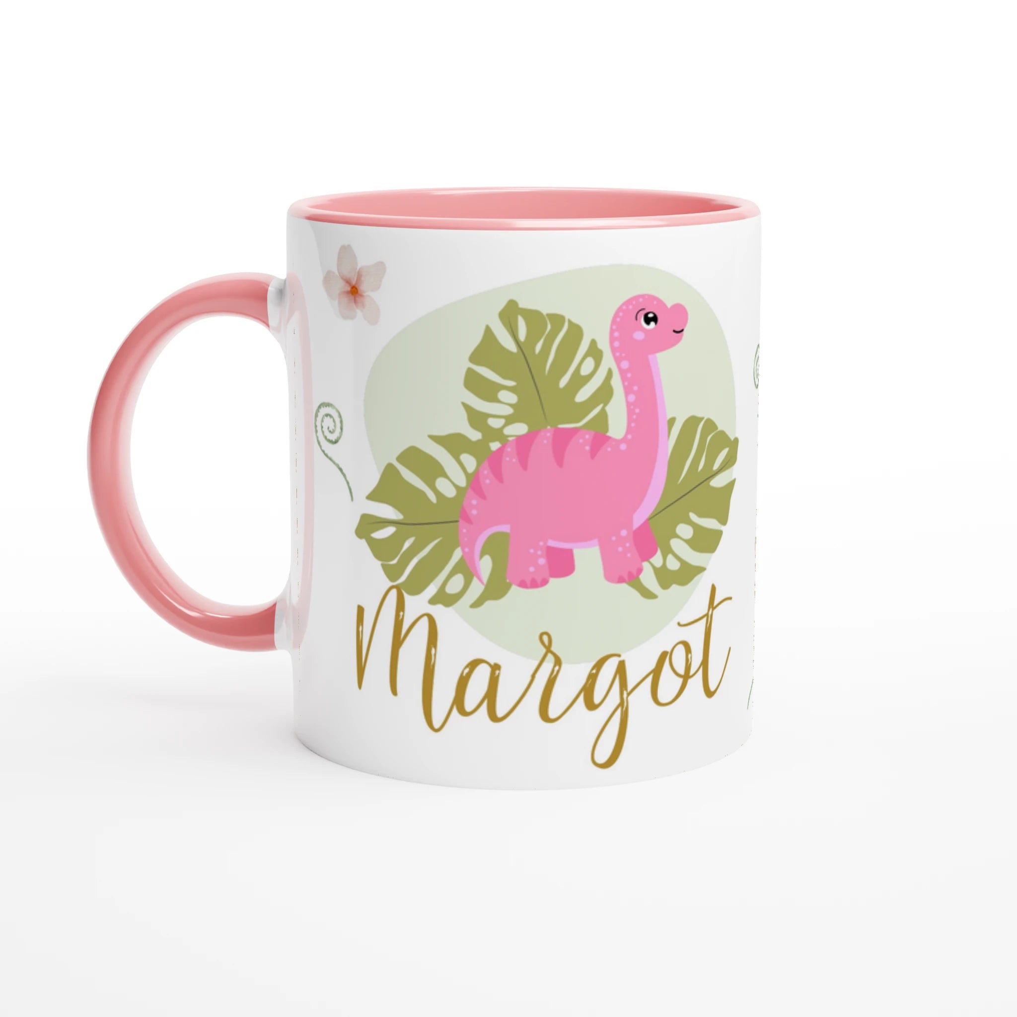 Mug personnalisé avec dinosaure rose, intérieur rose, parfait comme cadeau original pour les fans de dinosaures.