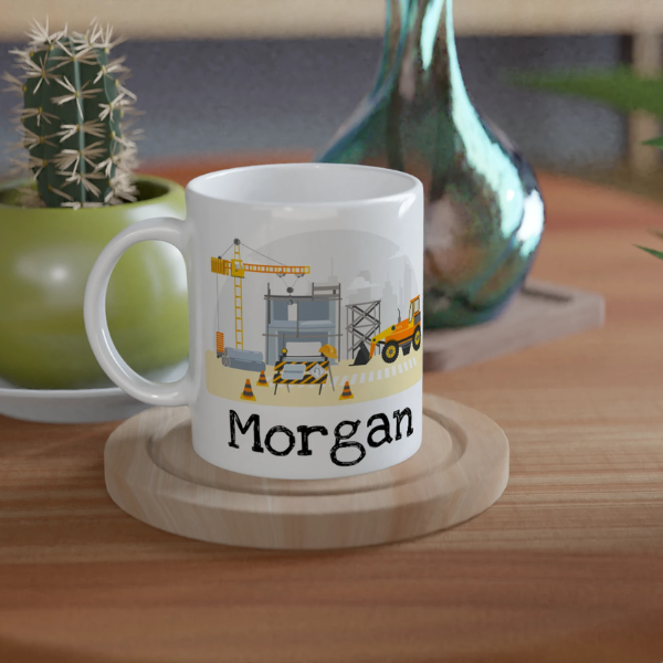 Mug personnalisé tout blanc avec chantier de construction et panneau "Under Construction", parfait pour un cadeau amusant et original.