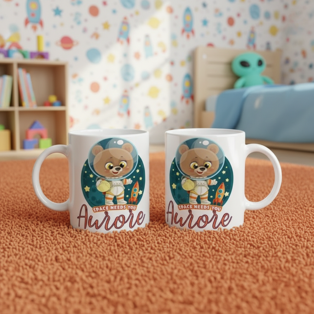 Mug enfants personnalisé avec illustrations astronaute, fusée et univers spatial
