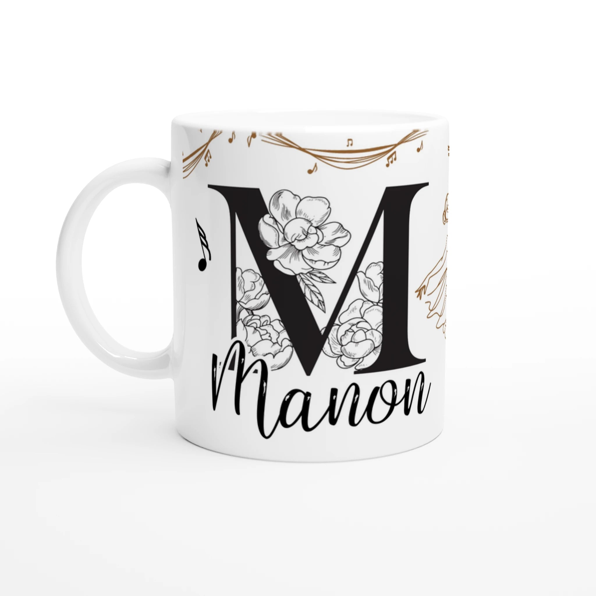 Tasse personnalisable enfant tout blanc avec prénom, silhouette de danseuse classique et notes de musique, parfait comme cadeau élégant pour une passionnée de ballet.
