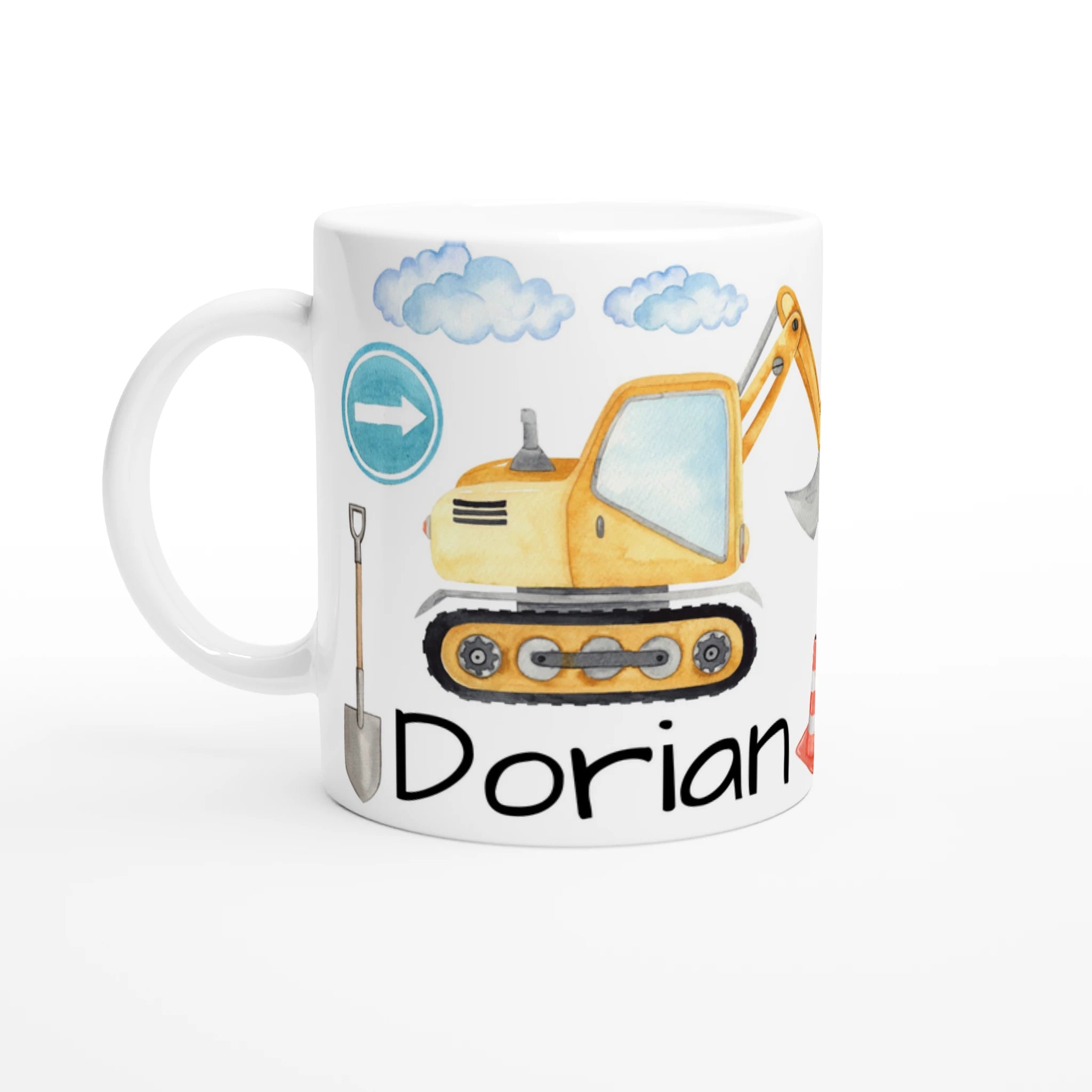 Mug personnalisé tout blanc avec illustration d’engins de chantier et panneaux de signalisation, parfait pour un cadeau ludique et original.