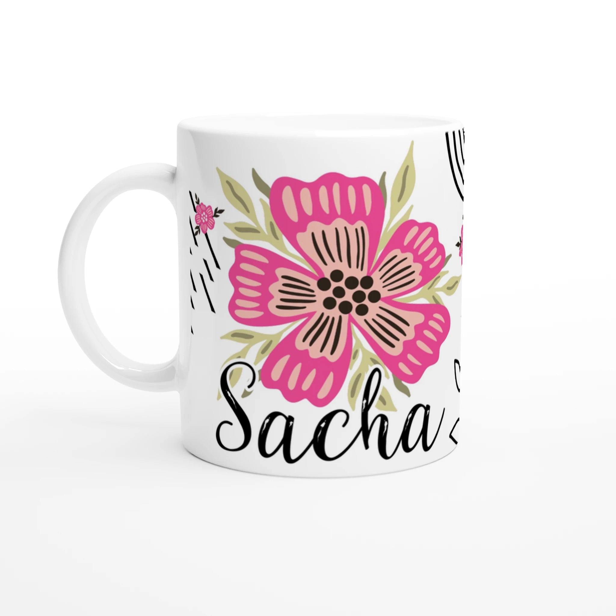 Mug personnalisé tout blanc avec fleurs bohèmes et motifs graphiques, idéal pour un cadeau élégant et moderne.