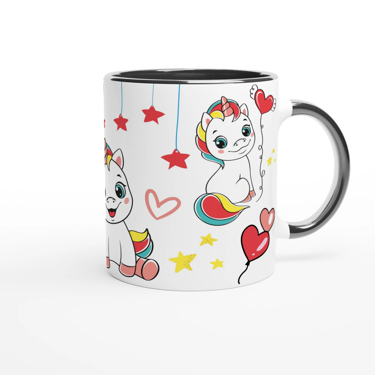 Mug personnalisé avec licorne et ballons colorés, intérieur noir, pour une touche élégante et féerique.