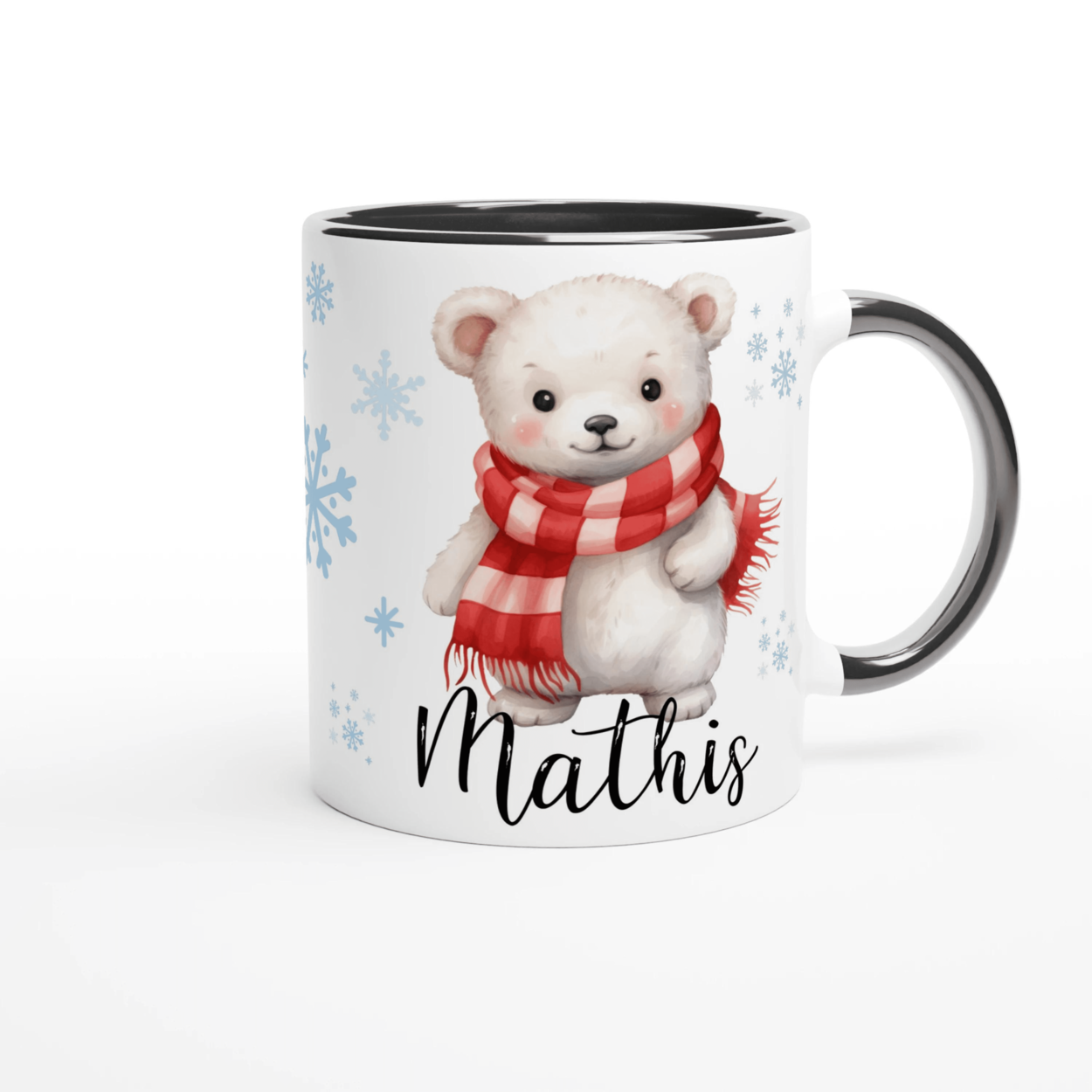 Tasse personnalisée avec un ours polaire et une écharpe rouge, intérieur noir, pour une touche hivernale élégante