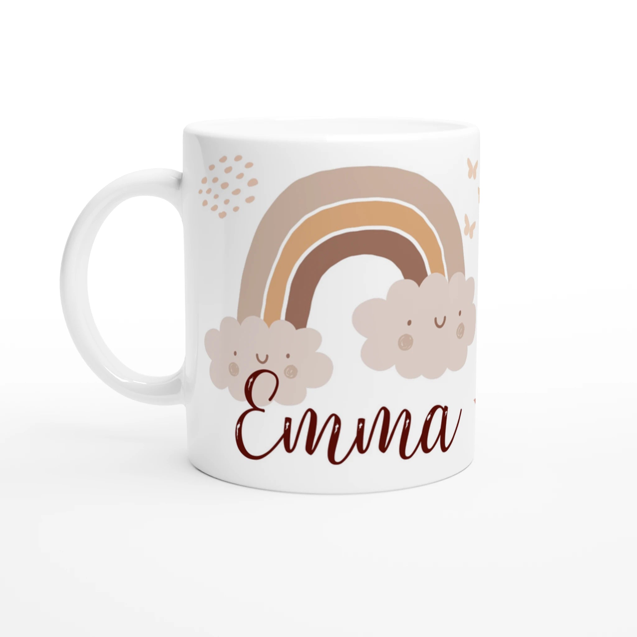 Mug personnalisé tout blanc avec nuage souriant et arc-en-ciel bohème, idéal pour un cadeau tendre et apaisant.