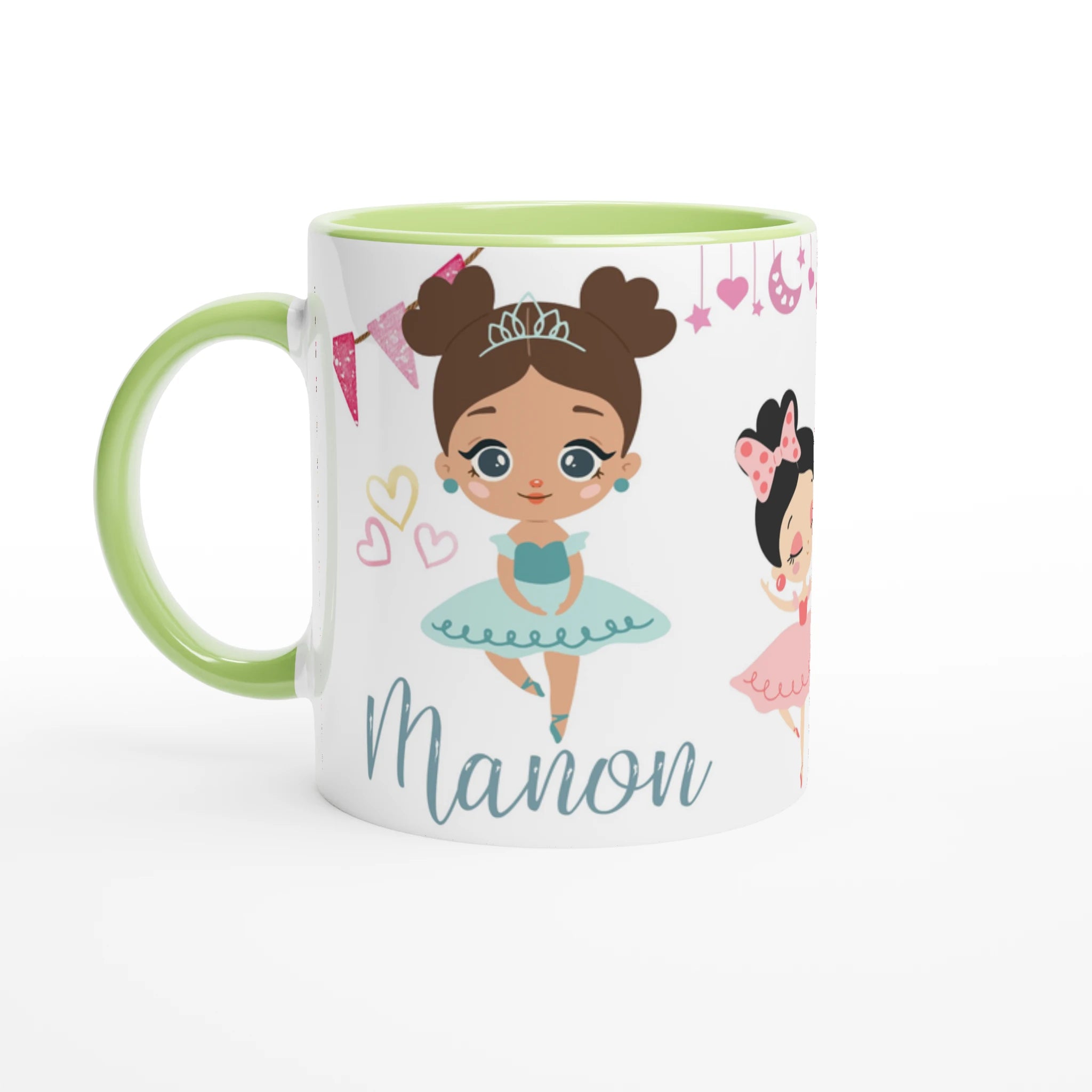 Tasse personnalisable avec prénom, motif de danseuse en robe bleue et décor festif, intérieur vert, parfaite pour une touche colorée.