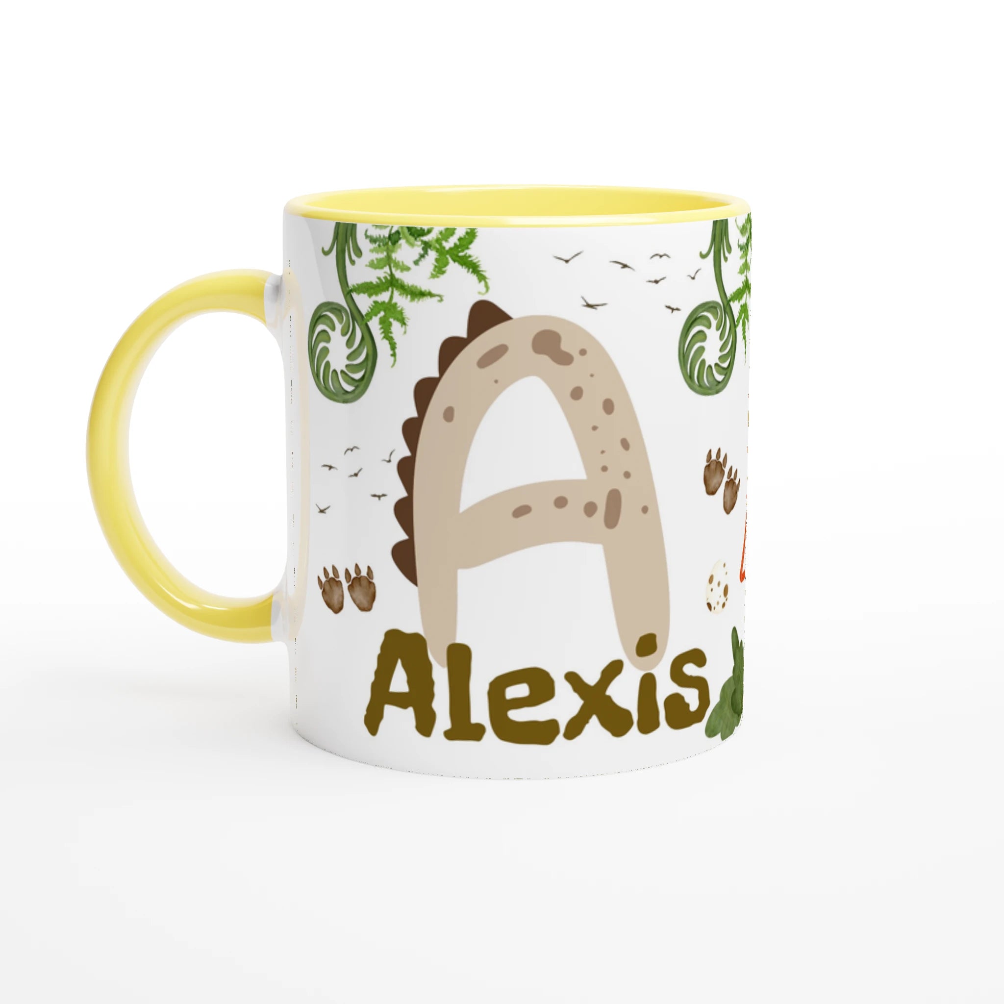 Mug avec initiale, prénom et motif dinosaure, intérieur jaune, parfait pour un enfant fan de dinosaures