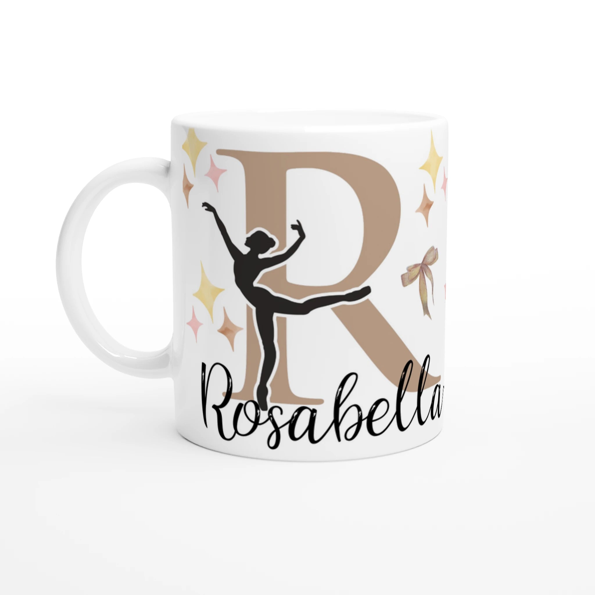 Mug personnalisable tout blanc avec prénom, illustration de ballerine et pointes de danse classique, parfait comme cadeau pour une petite danseuse.