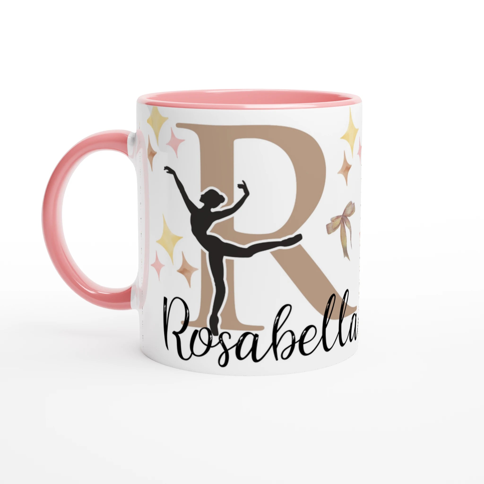 Mug personnalisé avec prénom et illustration de ballerine et pointes, intérieur rose, idéal comme cadeau pour une petite danseuse.