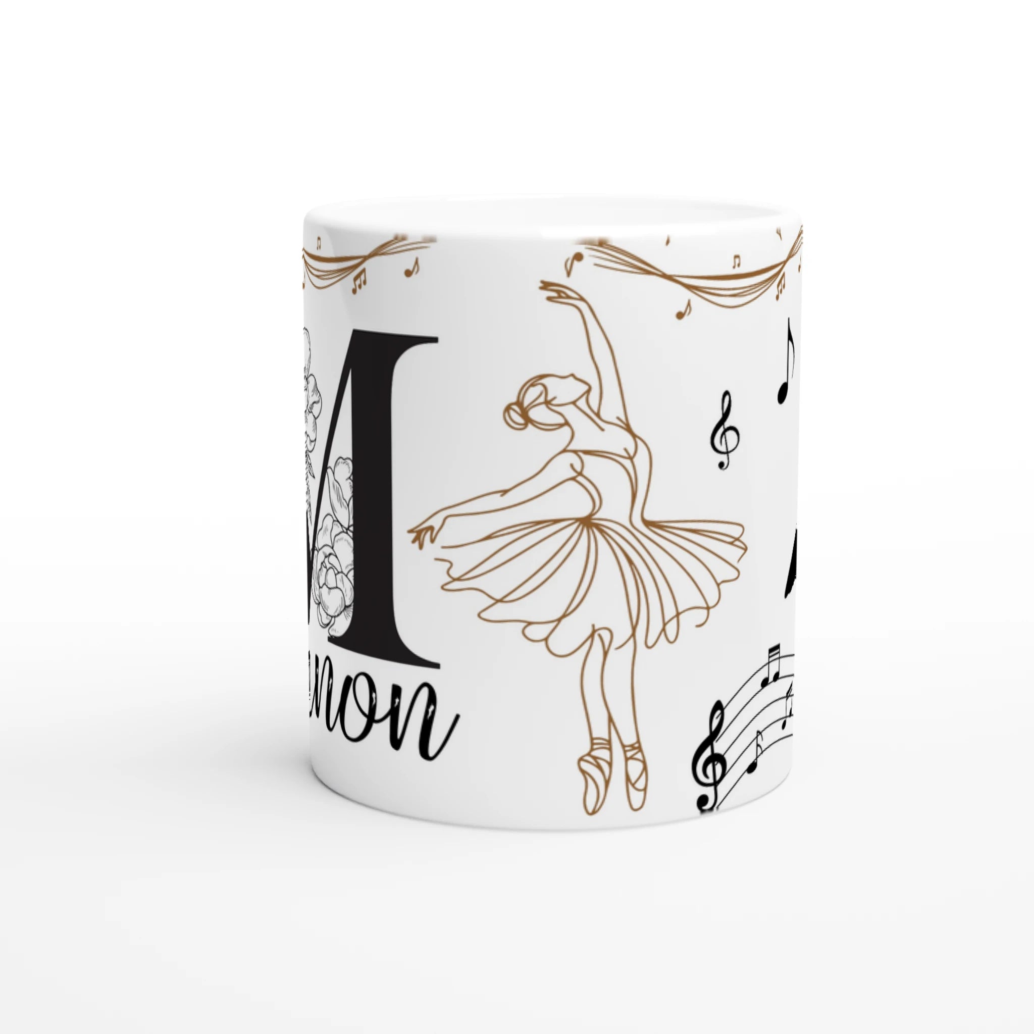 Mug personnalisable tout blanc avec prénom, silhouette de danseuse classique et notes de musique, parfait comme cadeau élégant pour une passionnée de ballet.