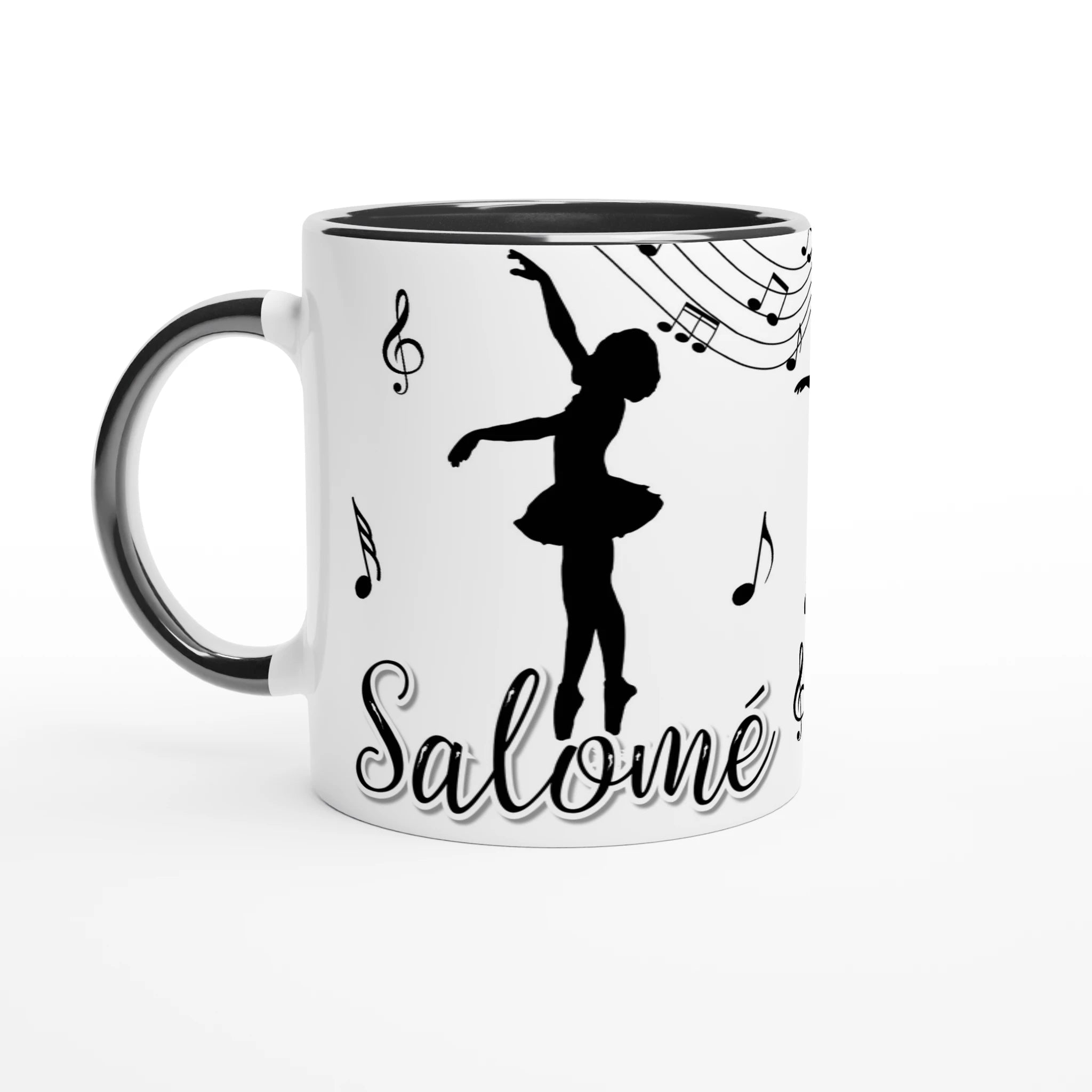 Mug personnalisable avec prénom et motifs de danseuse classique et musique, intérieur noir, parfait pour un cadeau chic et élégant.