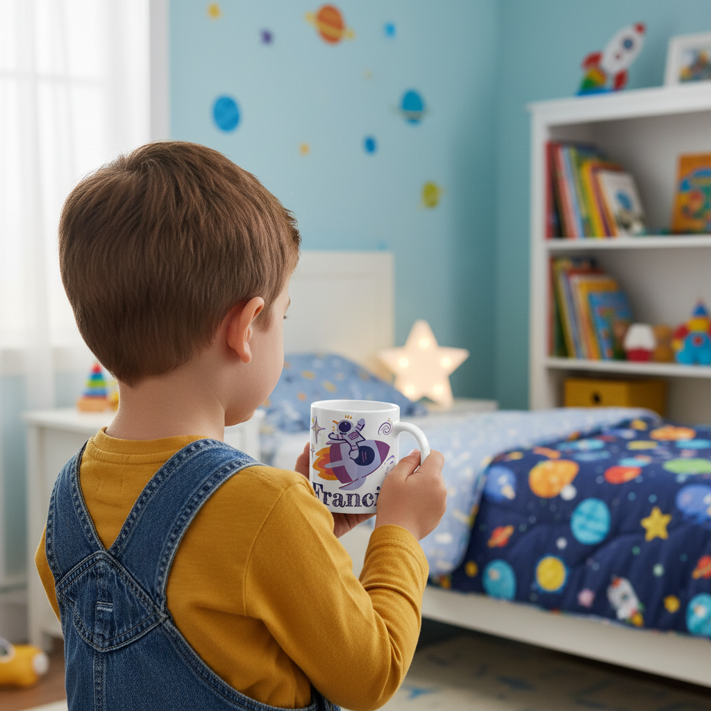 Mug astronaute personnalisé enfant dans une chambre sur le thème de l’espace