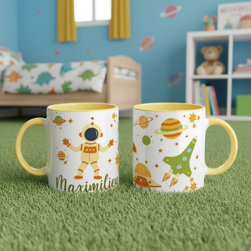mug enfant personnalisé astronaute avec fusée et étoiles