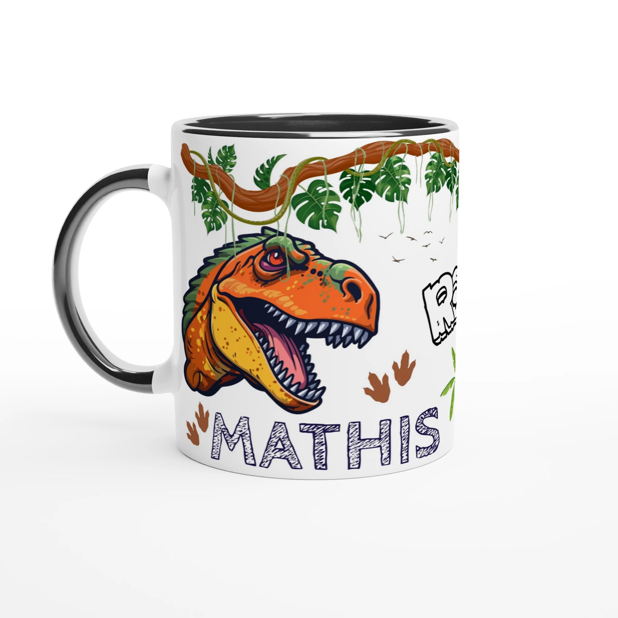 Mug personnalisé avec motif dinosaure T-Rex, intérieur noir, cadeau idéal pour enfant.