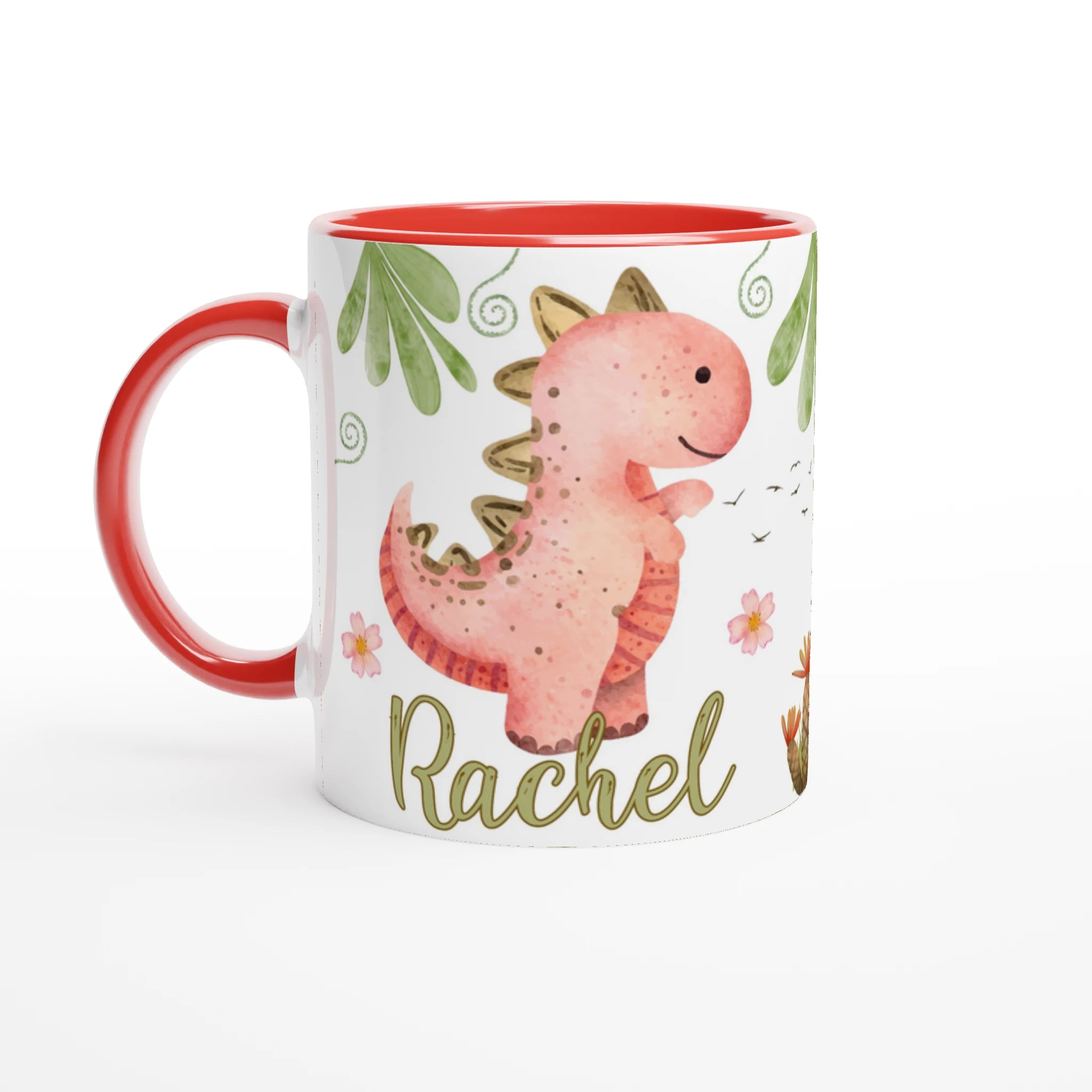 Mug personnalisé avec motif dinosaure et prénom, intérieur rouge, parfait pour les petits fans de dinosaures.