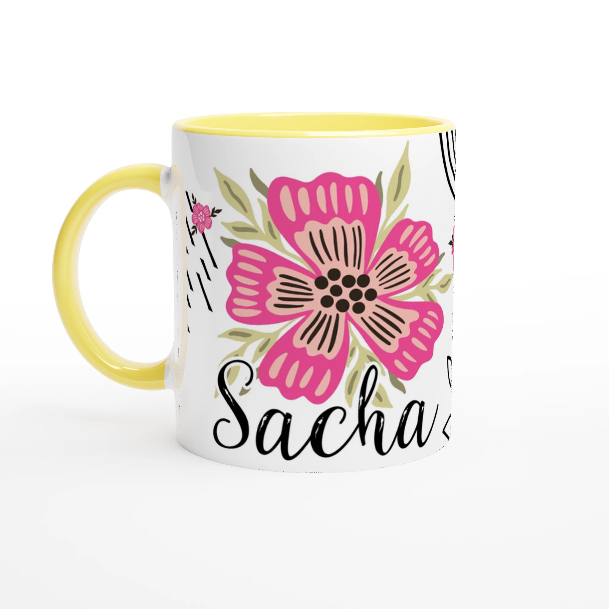 Mug prénom personnalisé avec motif floral bohème, intérieur jaune, cadeau coloré et tendance.