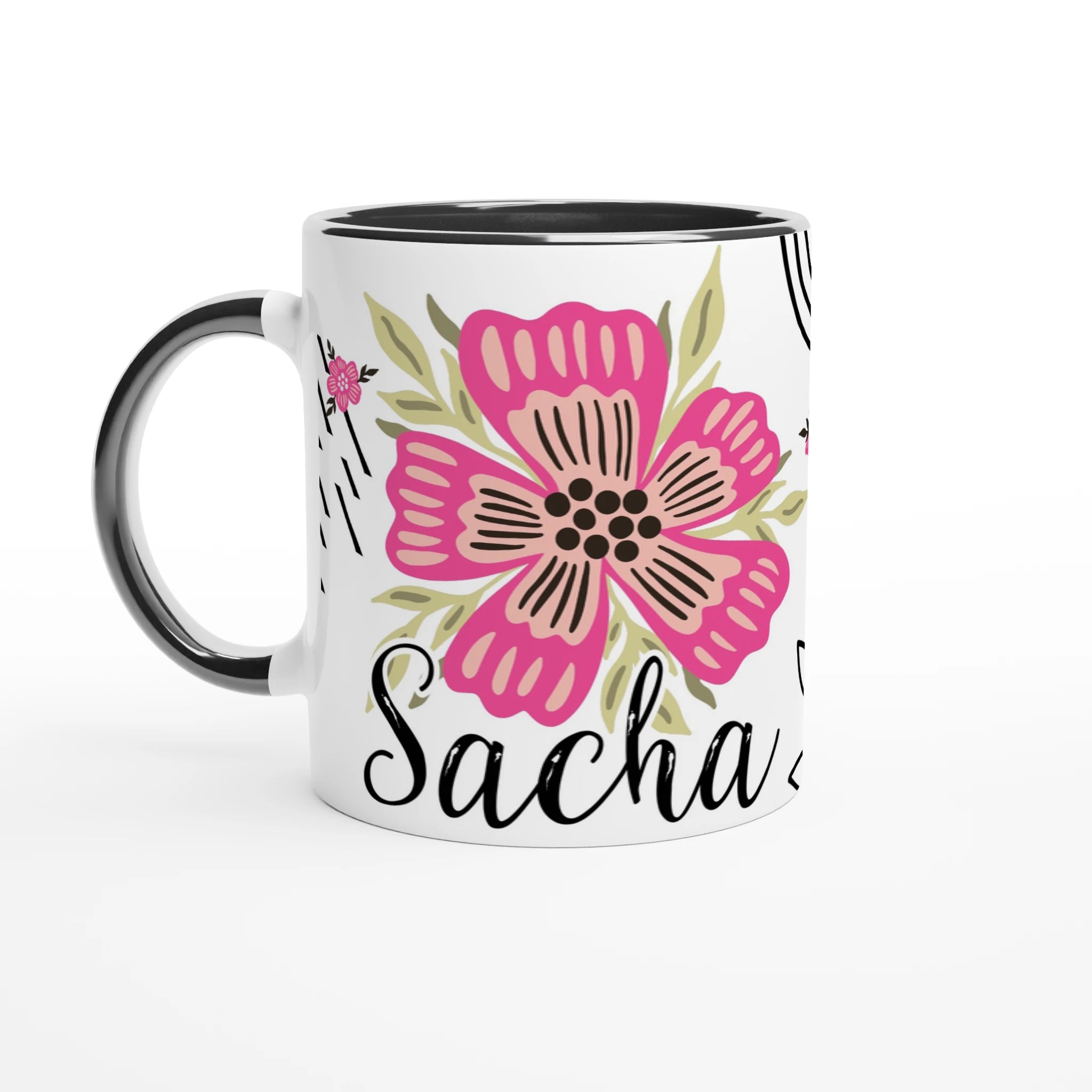 Mug personnalisé avec fleurs bohèmes, intérieur noir, idéal pour une déco élégante et unique.