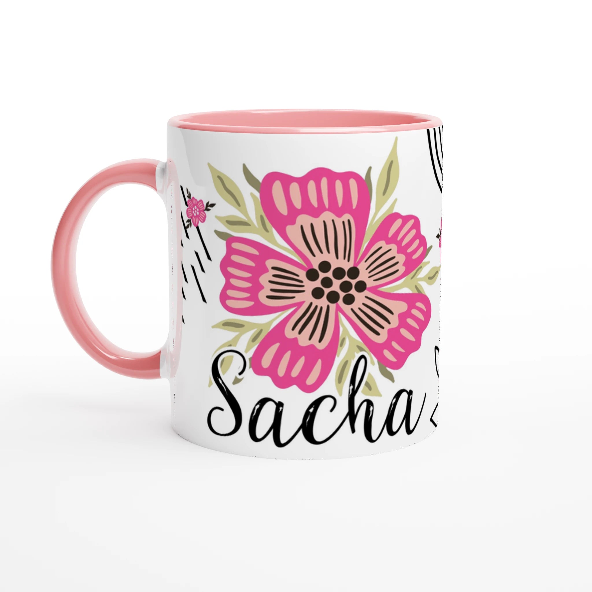 Mug personnalisé prénom avec fleurs bohèmes, intérieur rose, cadeau délicat et féminin.