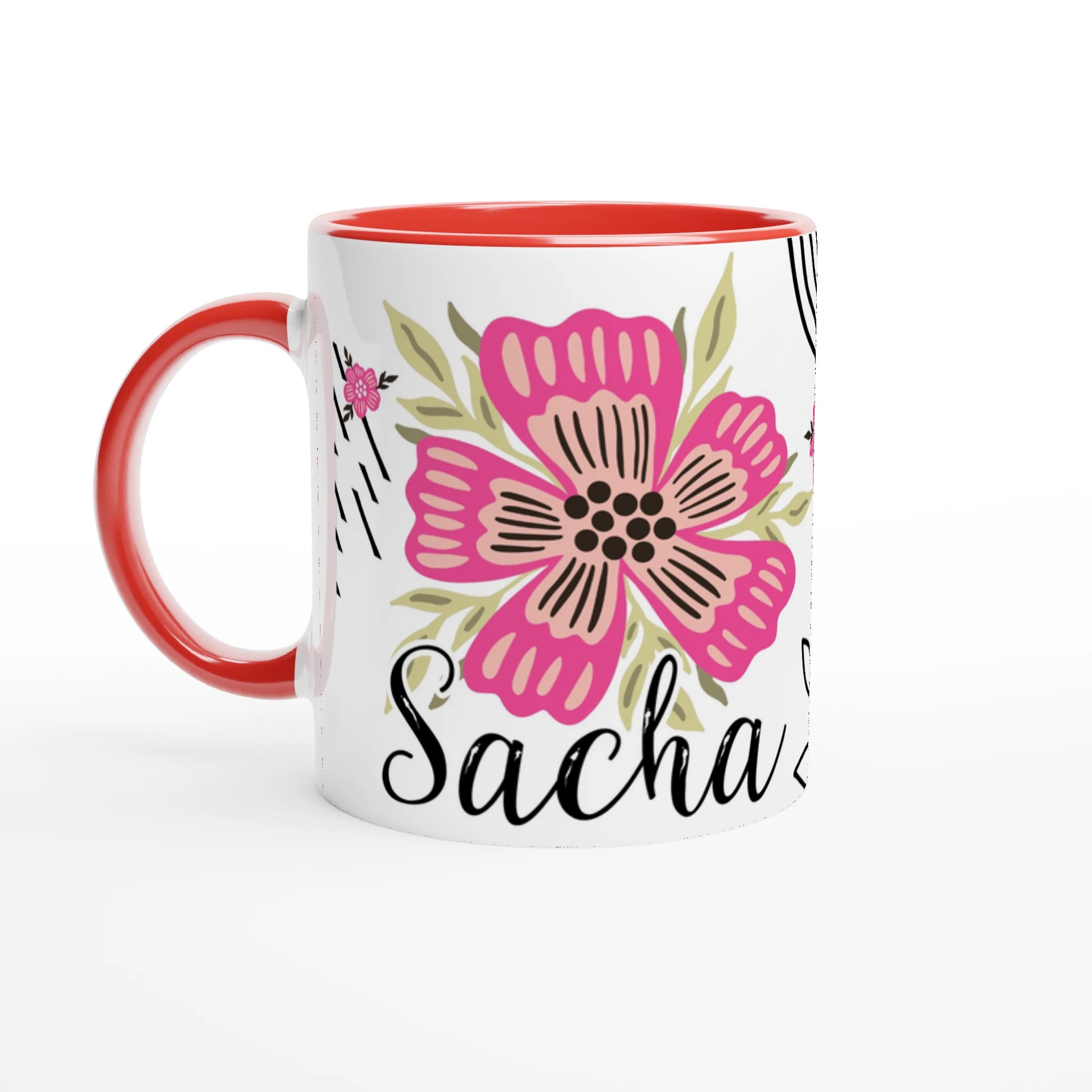 Mug prénom personnalisé avec fleurs bohèmes, intérieur rouge, parfait pour un cadeau original.