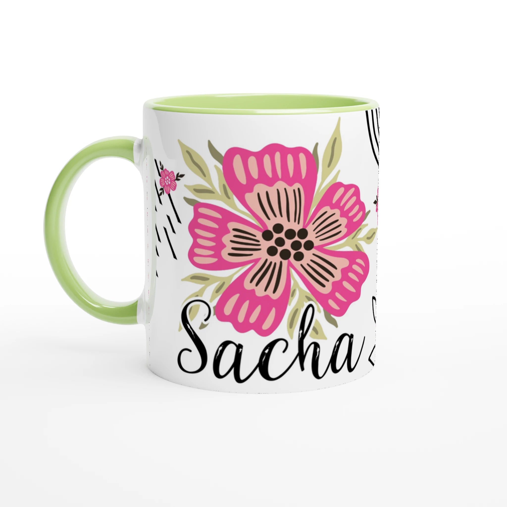 Mug personnalisé prénom avec fleurs bohèmes, intérieur vert, parfait pour une touche nature.