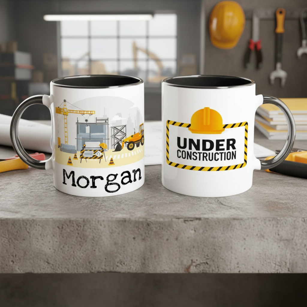 Mug chantier Under Construction en céramique posé sur un plan de travail