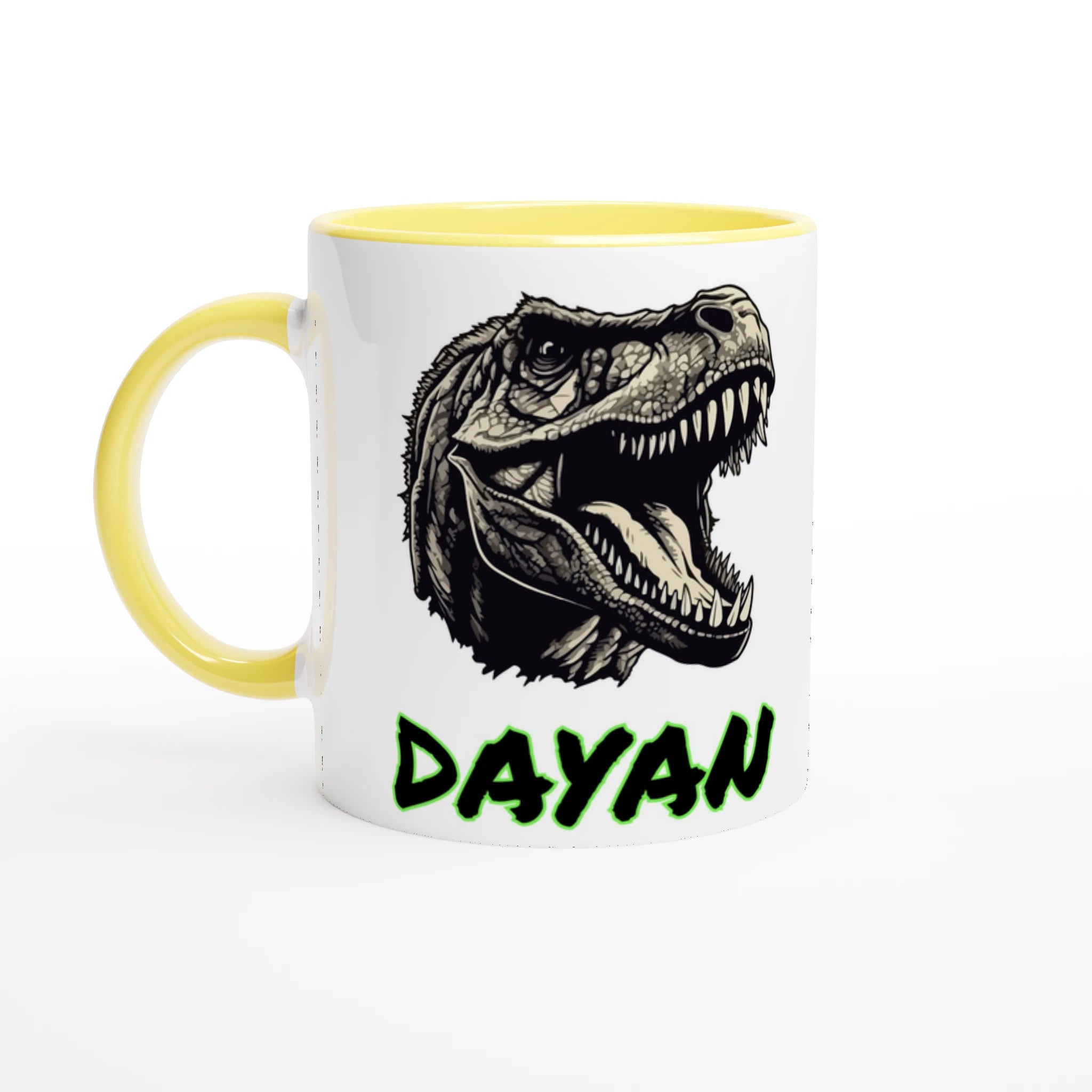 Mug personnalisé avec motif T-Rex noir et prénom, intérieur jaune, parfait pour les fans de dinosaures.