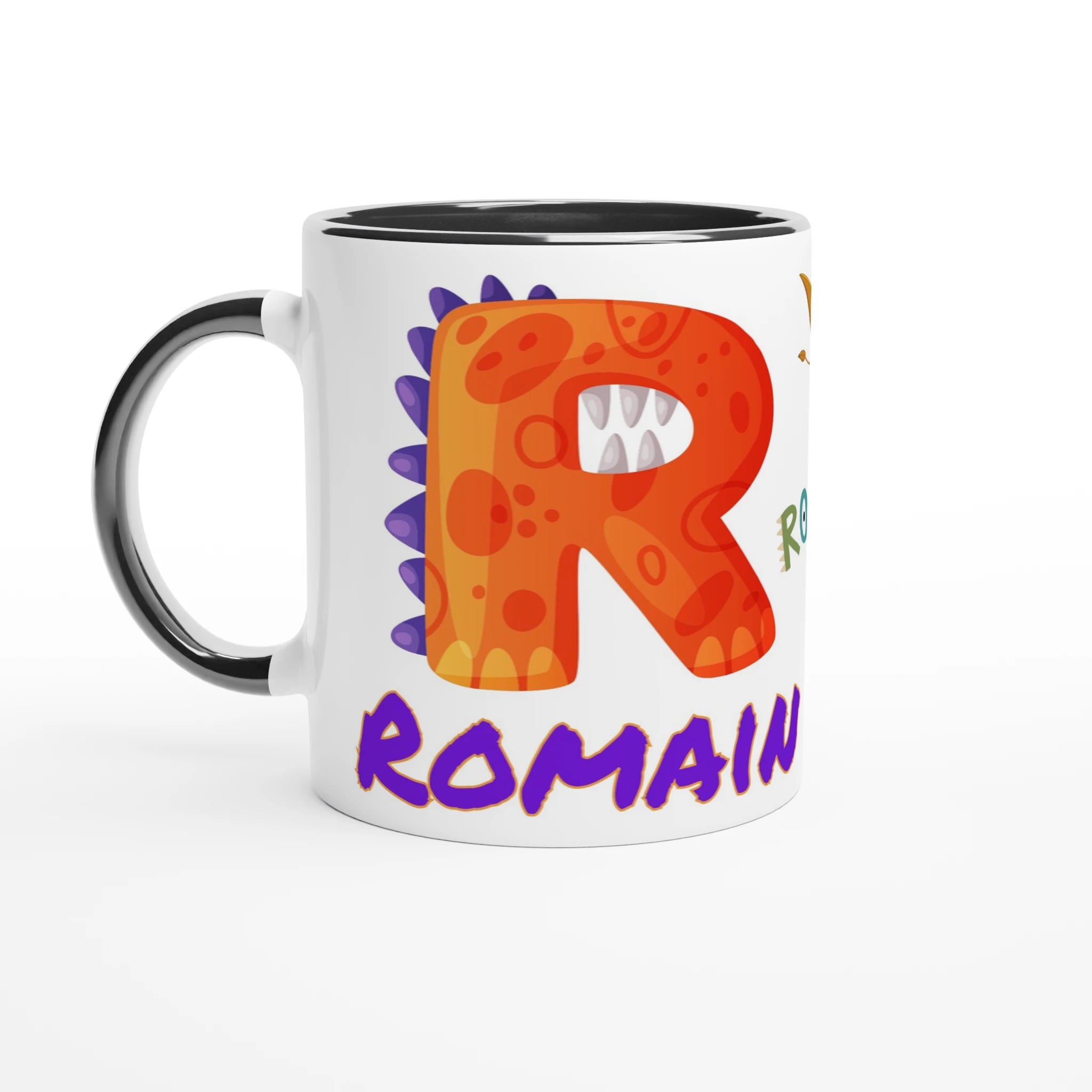 Tasse personnalisée pour enfant avec motif dinosaure et prénom idéal pour les fans de dinosaures, disponible avec un intérieur noir.