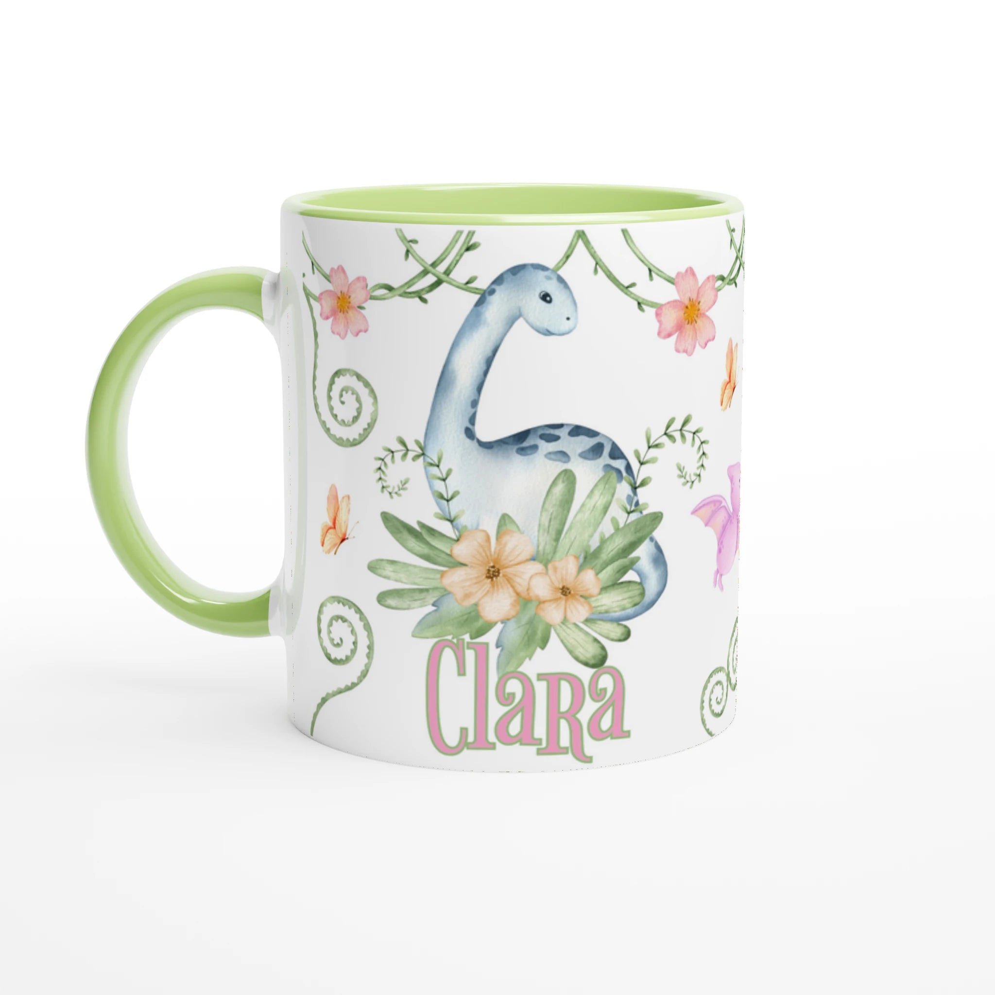 Mug dinosaure floral personnalisé avec prénom, intérieur vert, design doux et fleuri, parfait pour les enfants.